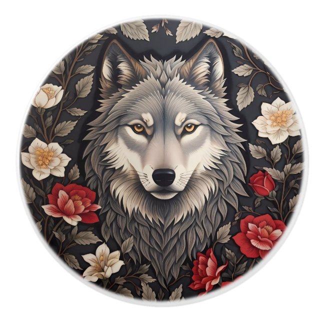 Elegant Grey Wolf Floral Ceramic Knob (Front)