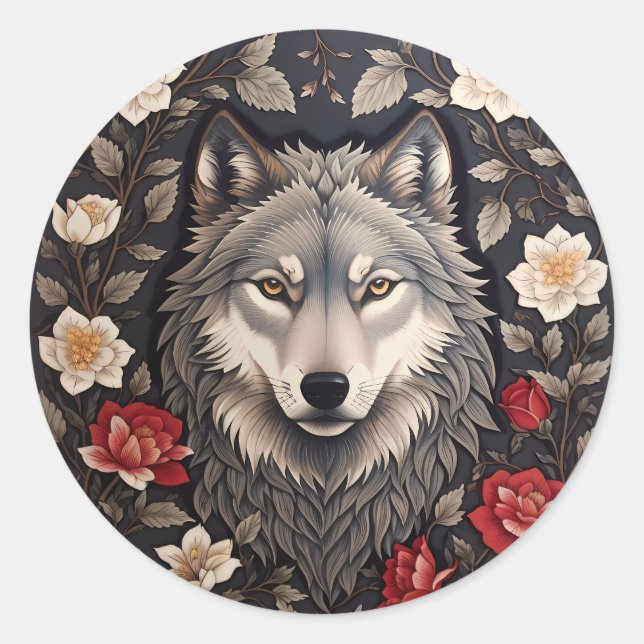 Elegant Grey Wolf Floral Classic Round Sticker (Front)