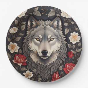 Elegant Grey Wolf Floral Paper Plate