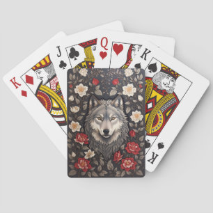 Elegant Grey Wolf Floral Playing Cards