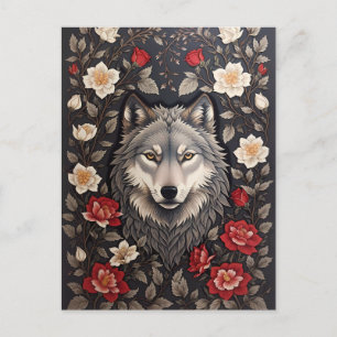 Elegant Grey Wolf Floral Postcard