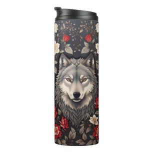Elegant Grey Wolf Floral Thermal Tumbler