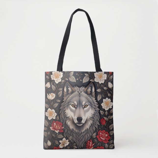 Elegant Grey Wolf Floral Tote Bag (Front)