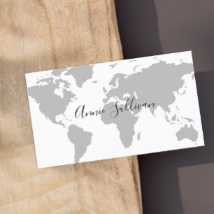 Elegant Grey World Map on White Business Card