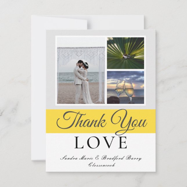 Elegant Grey Yellow Script Wedding Photo collage T Thank You Card (Front)
