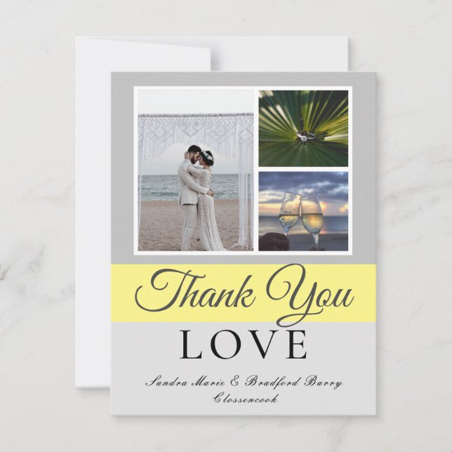 Elegant Grey Yellow Script Wedding Photo collage Thank You Card (Front)