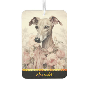 Elegant greyhound adorned with flowers and ribbons car air freshener