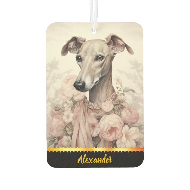 Elegant greyhound adorned with flowers and ribbons car air freshener (Back)