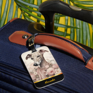 Elegant greyhound adorned with flowers and ribbons luggage tag