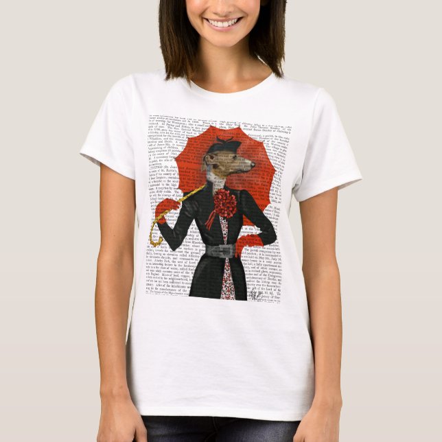Elegant Greyhound and Red Umbrella 2 T-Shirt (Front)