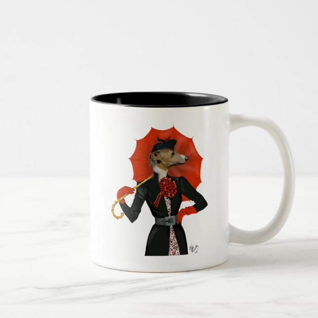 Elegant Greyhound and Red Umbrella 2 Two-Tone Coffee Mug (Right)