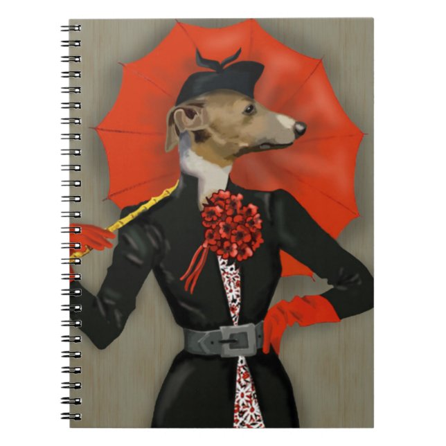 Elegant Greyhound and Red Umbrella Notebook (Front)