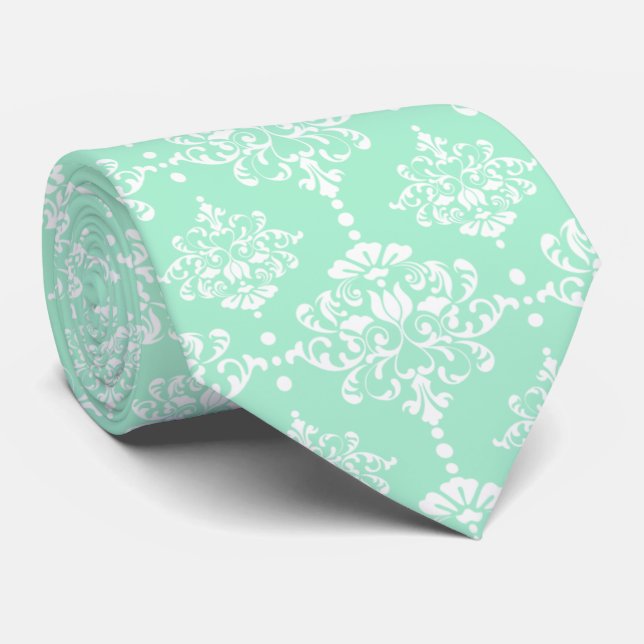 Elegant Groomsmen Damask Pattern Neo Mint Wedding Tie (Rolled)