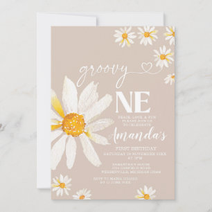 Elegant Groovy One Birthday Boho Daisy Flowers Invitation