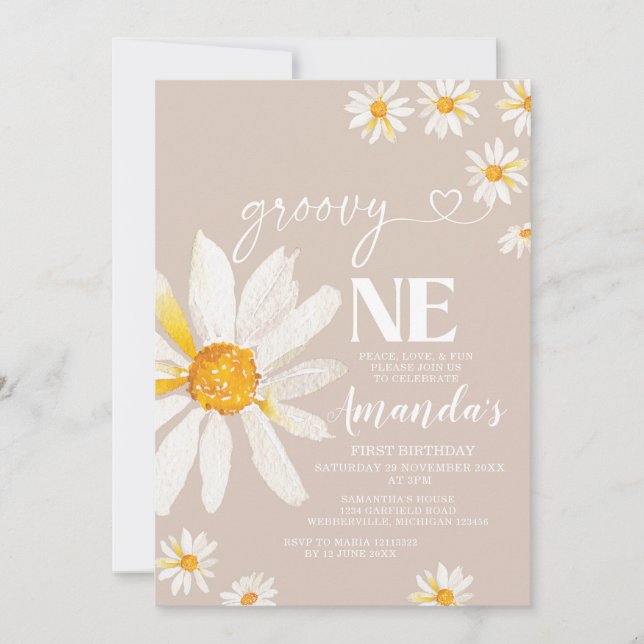 Elegant Groovy One Birthday Boho Daisy Flowers Invitation (Front)
