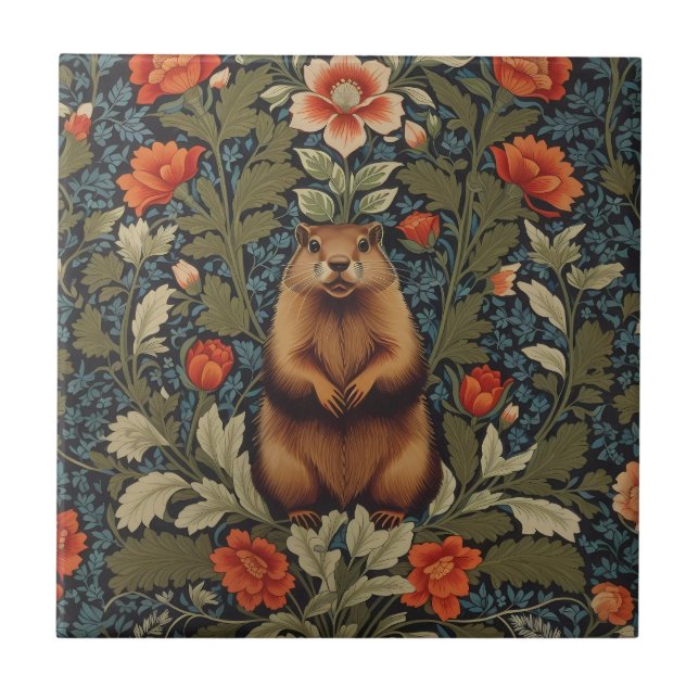 Elegant Groundhog William Morris Inspired Tile (Front)