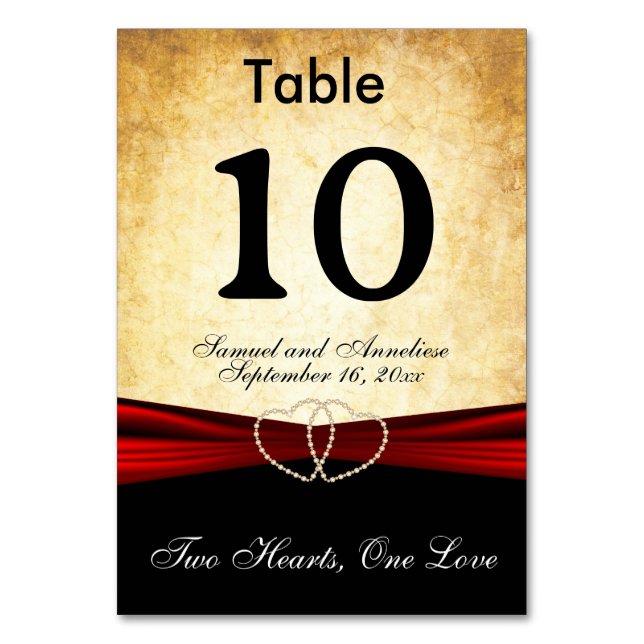 Elegant Grunge Style with Red Satin Ribbon Table Number (Front)