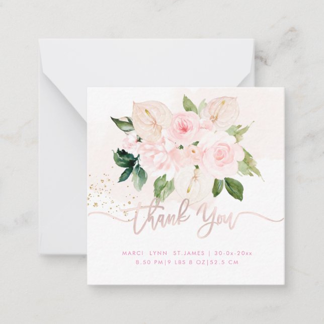 Elegant H2 Blush Pink Roses Baby Shower Thank You Card (Front)