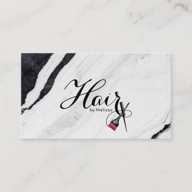 Elegant Hair By Name Modern Black & White Marble Business Card (Front)
