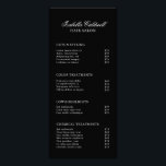 Elegant Hair Salon Black Price List Rack Card<br><div class="desc">Modern Beauty Salon Price list / Service menu rack card with your business name in an elegant calligraphy at the top and your services below in a white serif font over a black background. Each side has four premade sections and your business information is on the bottom of the backside....</div>
