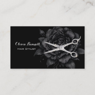 Elegant Hair Stylist Black Floral Scissors Business Card
