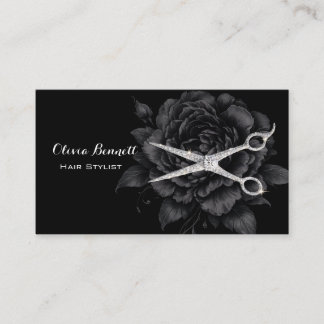 Elegant Hair Stylist Black Floral Scissors Business Card