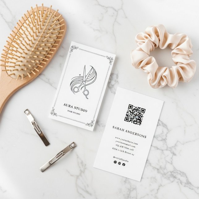 Elegant Hair Stylist Business Card with QR Code (Creator Uploaded)