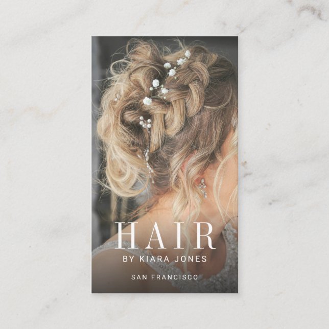 Elegant Hair Stylist Cascading Hair Photo Business Card (Front)