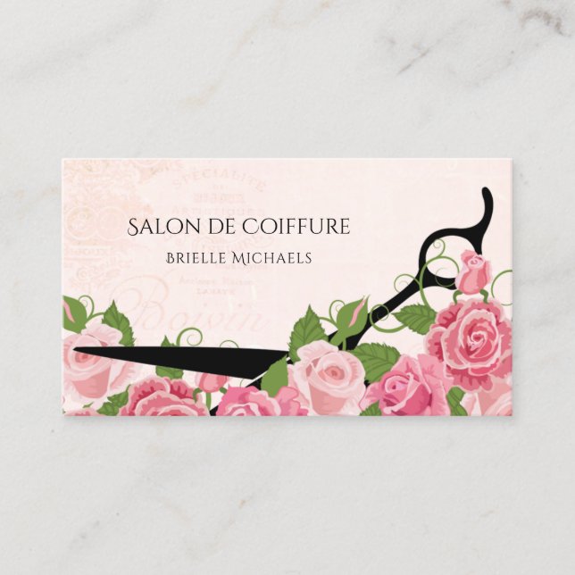 Elegant Hair Stylist Pink Rose Hair Salon Shears Business Card (Front)