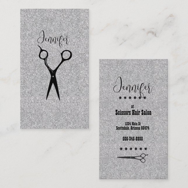 Elegant Hair Stylist's Scissors on Silver Glitter Business Card (Front/Back)