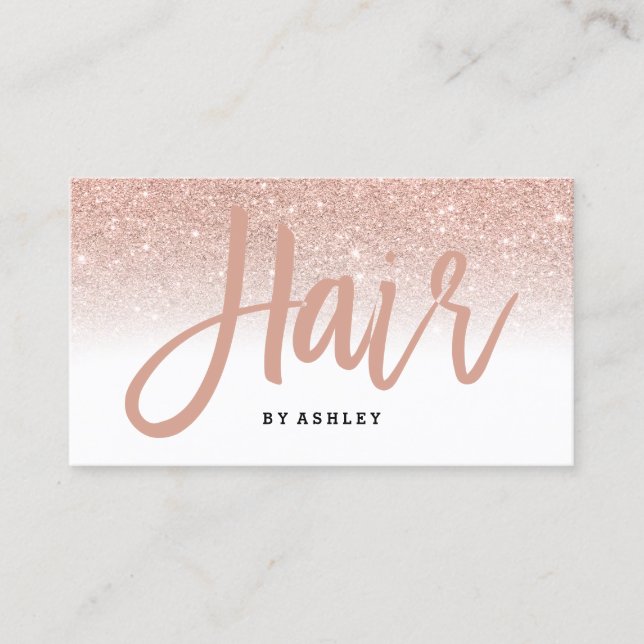 Elegant hair typography rose gold glitter white business card (Front)