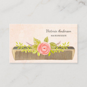 Elegant Hairdresser With Vintage Comb and Roses Business Card