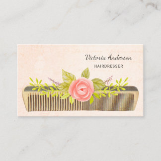 Elegant Hairdresser With Vintage Comb and Roses Business Card