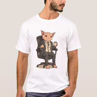 Elegant Hairless Business Cat with Coffee – Office T-Shirt