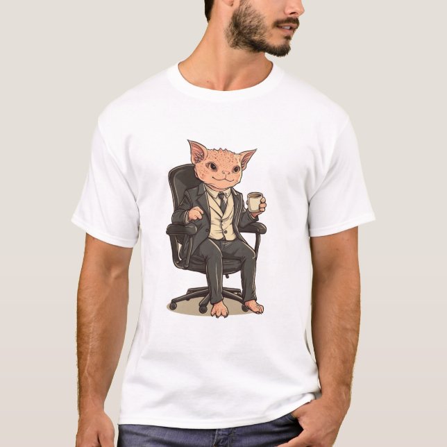 Elegant Hairless Business Cat with Coffee – Office T-Shirt (Front)