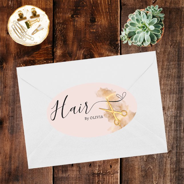 Elegant Hairstylist Gold Scissor Beauty Salon Pink Oval Sticker (Creator Uploaded)