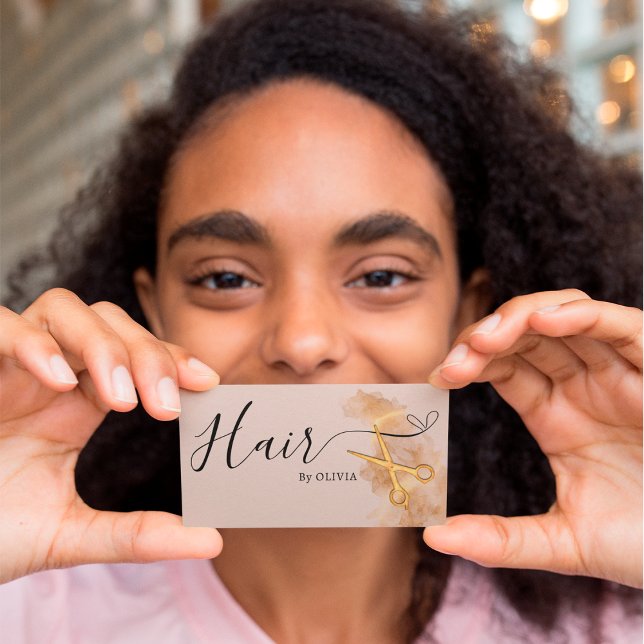 Elegant Hairstylist Hair Gold Scissors Chic Pink Business Card (Creator Uploaded)