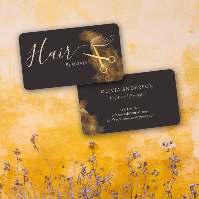 Elegant Hairstylist Hair Gold Scissors Pink Grey Business Card (Creator Uploaded)