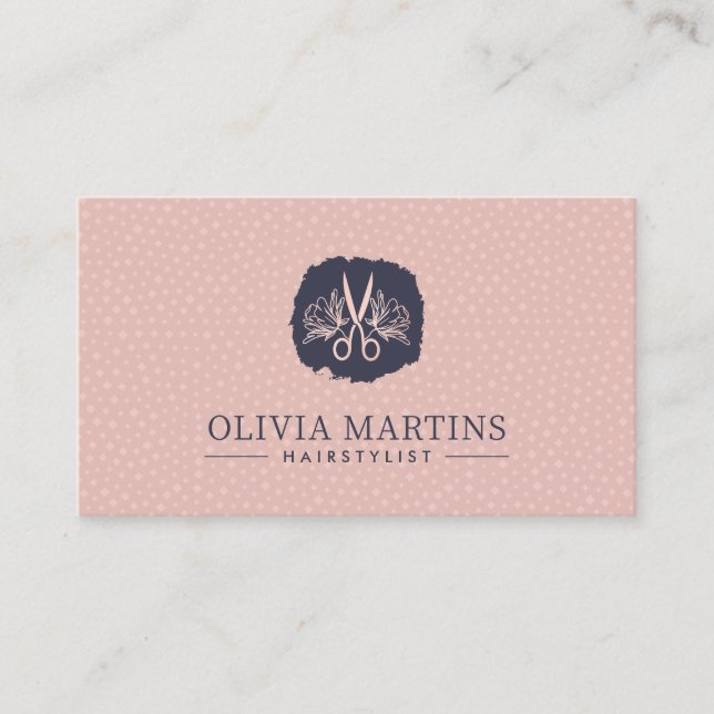 Elegant Hairstylist Petal & Charcoal QR Code Logo Business Card (Front)