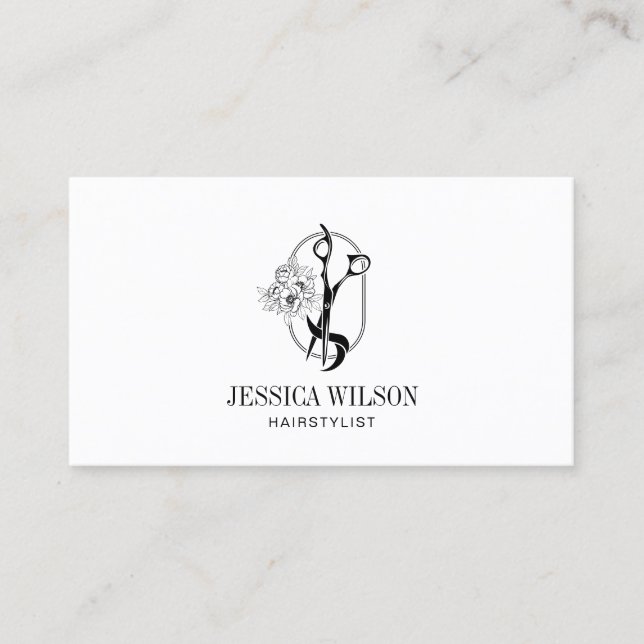 Elegant Hairstylist Scissors Floral Petals QR Code Business Card (Front)
