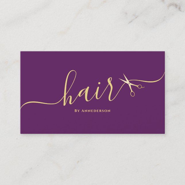 Elegant Hairstylist Script Hairdresser Purple  Business Card (Front)