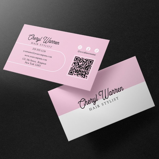 Elegant Hairstylist Script Pink Minimal QR Code Business Card (Creator Uploaded)
