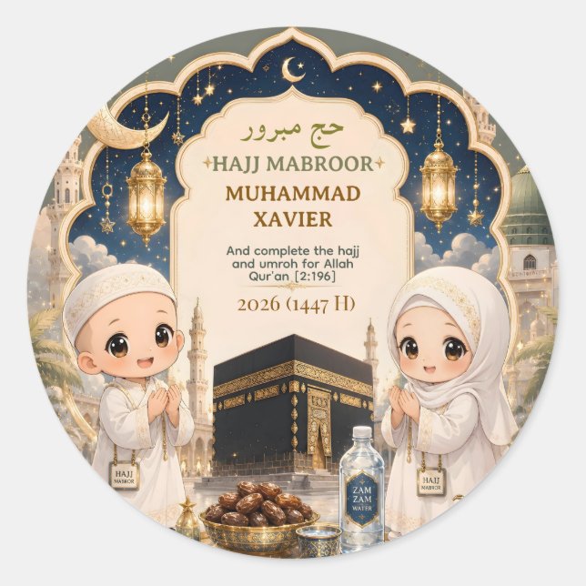 Elegant Hajj Mabroor Chibi Art Personalised Classic Round Sticker (Front)