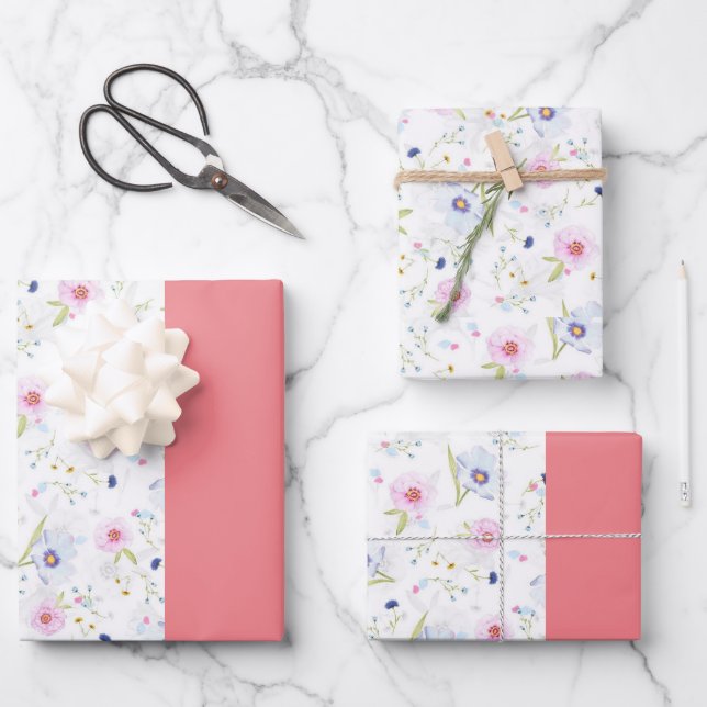 ELEGANT HALF PINK HALF FLORAL PATTERN WRAPPING  PAPER SHEET (Front)