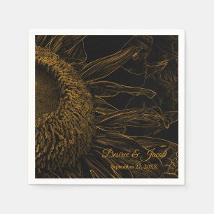 Elegant Half Sunflower Gold Black Floral Art  Napkin