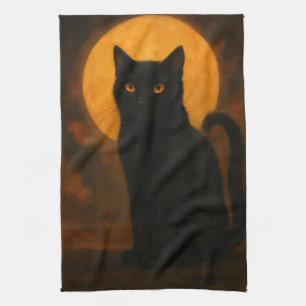 Elegant Halloween Black Cat Orange Eyes Tea Towel