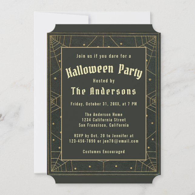 Elegant Halloween Black Gold Vintage Cobwebs Stars Invitation (Front)
