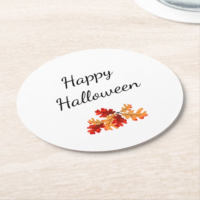 Elegant Halloween Fall Foliage Red Orange Leaves Round Paper Coaster (Angled)