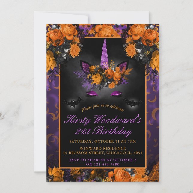 Elegant Halloween Flowers Unicorn Birthday Invitation (Front)