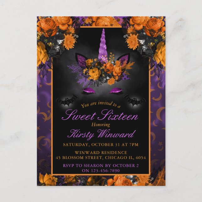 Elegant Halloween Flowers Unicorn Sweet 16 Invitat Postcard (Front)